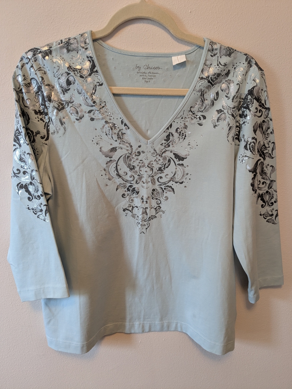 Chico's Light Blue V-Neck Embellished Women's Top